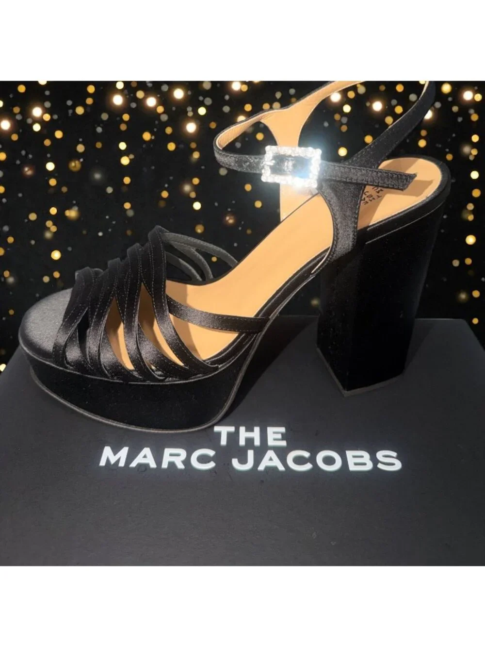 Marc Jacobs The Gram Sandal Women 8.5 Black Satin Crystal Formal Heel Platform - Picture 12 of 12